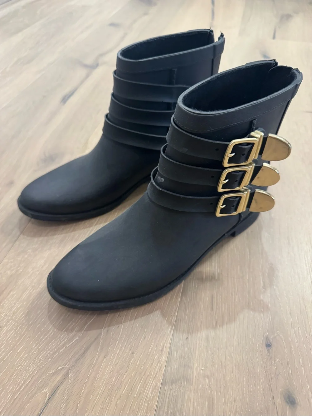 Loeffler Randall Women’s Black Ankle Boots with Gold Buckles waterproof